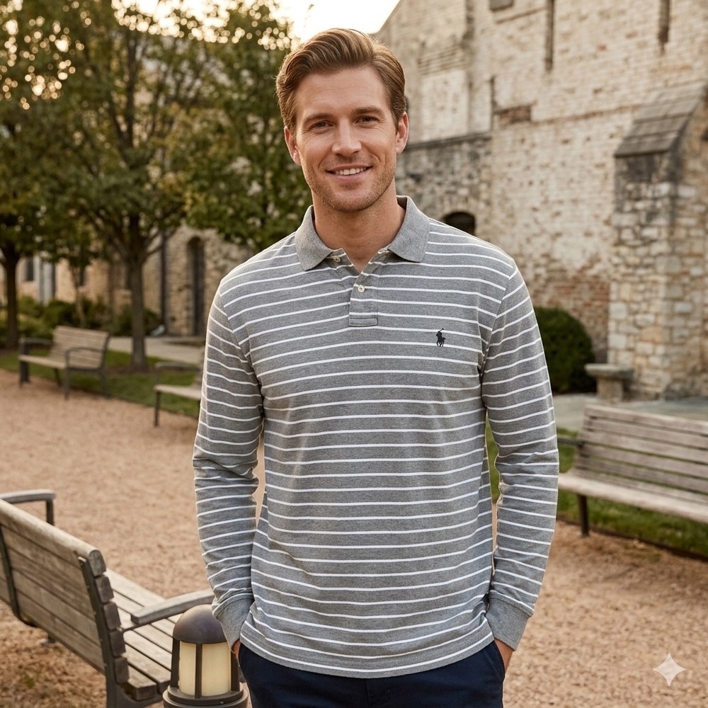 Polo Ralph Lauren Mens XXL Grey White Striped Long Sleeve Polo Shirt 100% Cotton